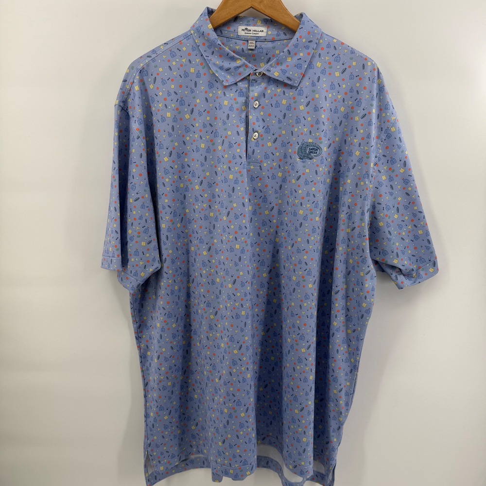 Peter Millar Summer Comfort Gator Creek Cocktail Print Polo Shirt Mens XXL Blue